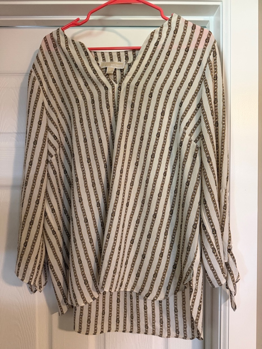 Michael Kors Cream Blouse with Brown Chain-Print Stripes